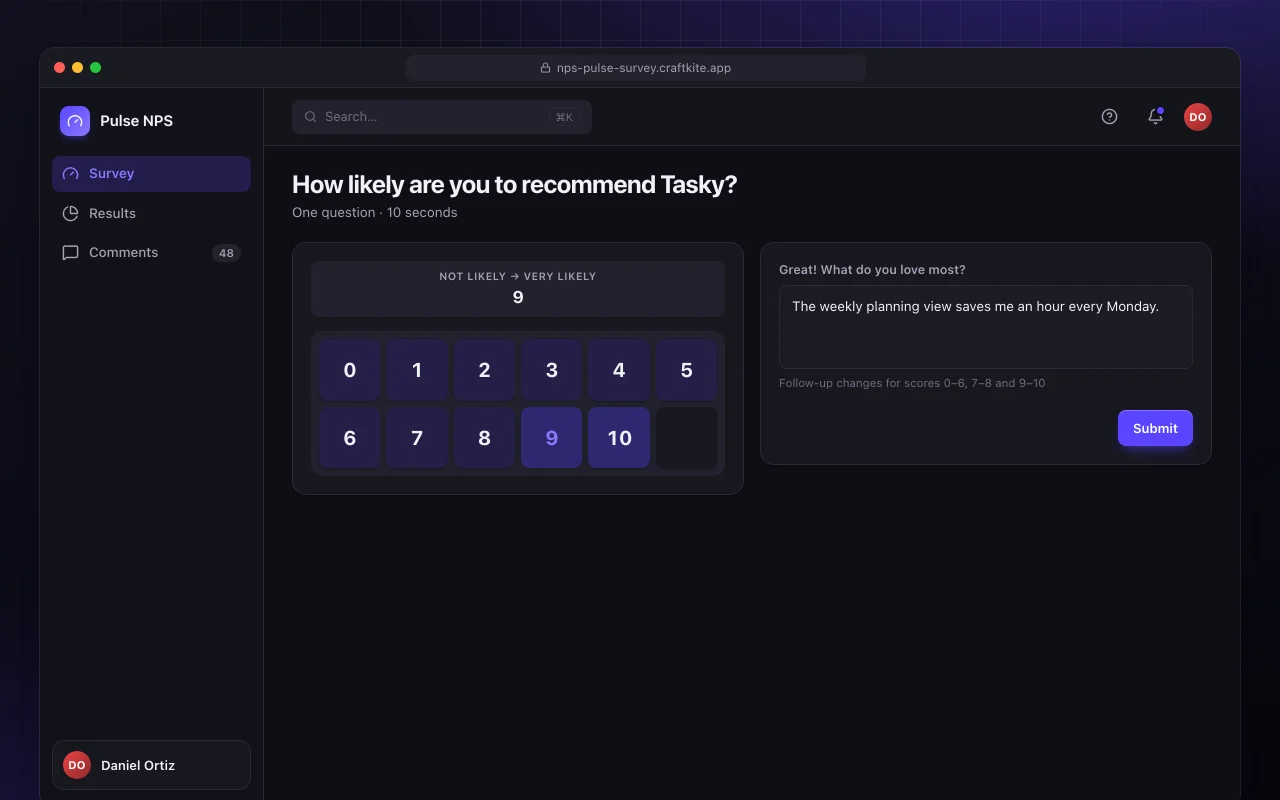 NPS pulse survey: the How likely are you to recommend Tasky? screen